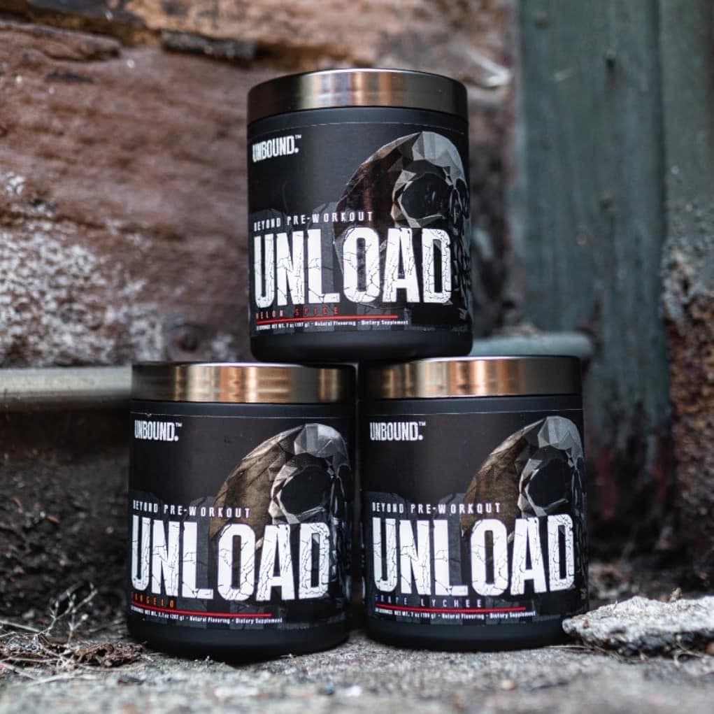 Unbound UNLOAD pre-workout jars — packaging design by Thiago Gomes