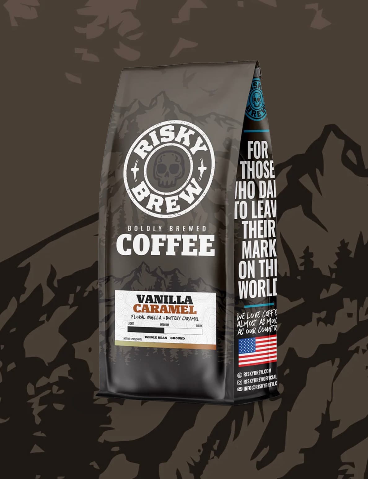 Risky Brew Coffee vanilla caramel bag — brand identity by Thiago Gomes