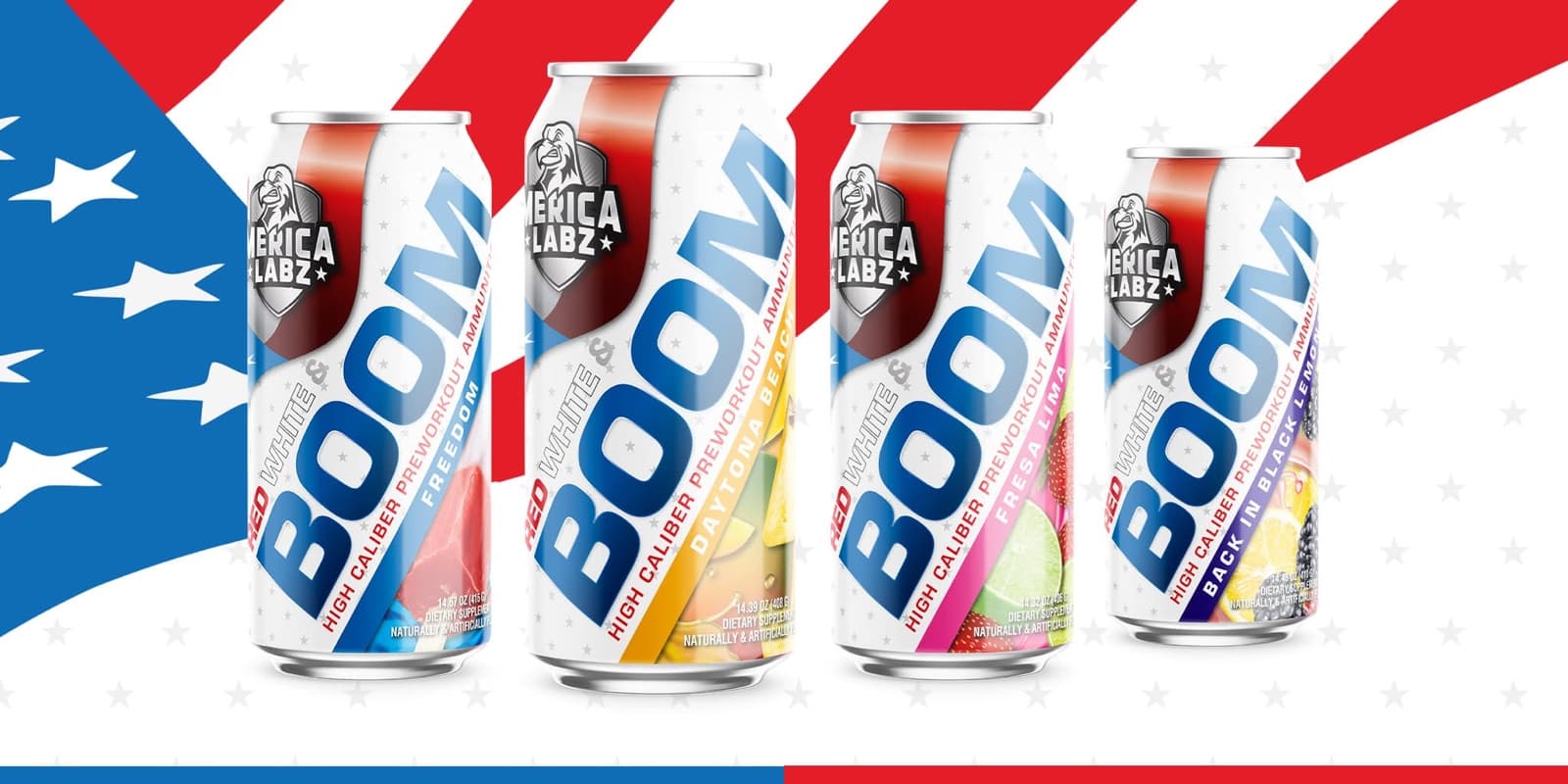 'Merica Labz Red White & Boom energy can lineup — brand & packaging design by Thiago Gomes